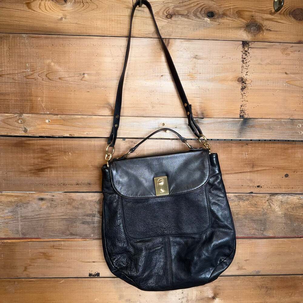 J. Crew Brompton Hobo Flap Bag Purse Satchel Black Pebbled Leather Large